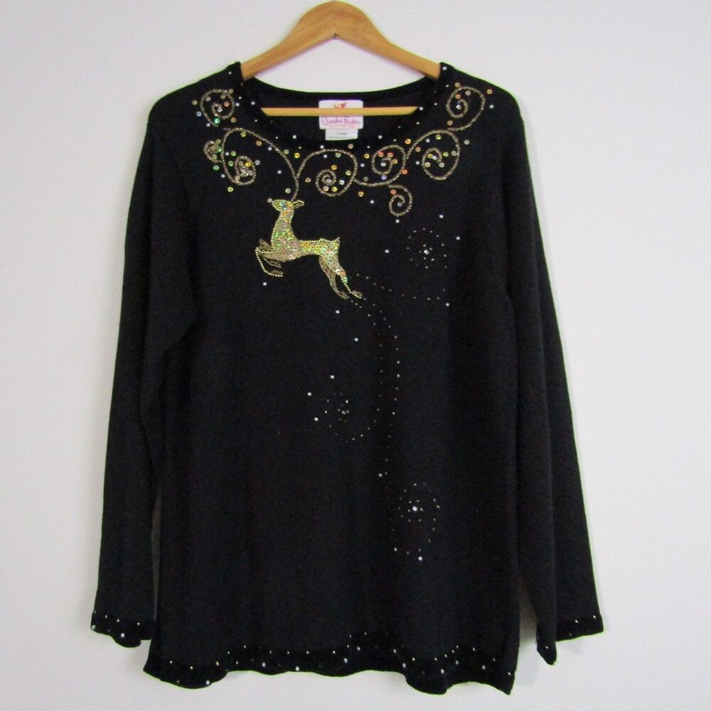 Quaker Factory Women's Sweater Large Black Christmas Beaded Embroidery Holiday